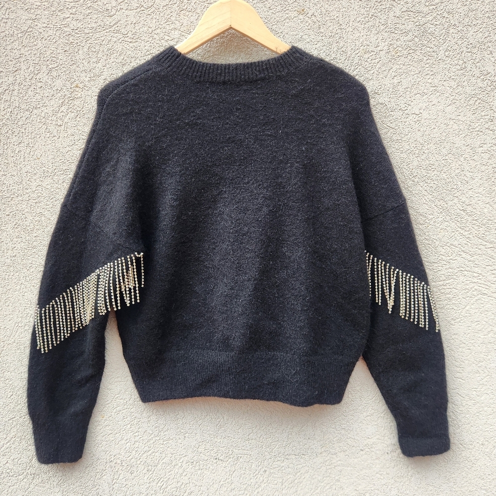 & OTHER STORIES Women’s Rhinestone Fringe Crop Sweater Small Black Wool Alpaca - Picture 4 of 10